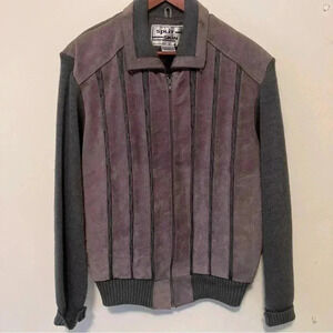 VTG Tan Suede Leather and Knit Gray Jacket Large 70s Bomber Split Skin-READ